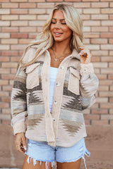 Khaki Western Aztec Print Sherpa Splicing Buttoned Flap Pocket Coat Jackets JT's Designer Fashion