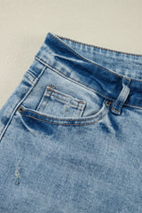 Light Blue Distressed Ripped Raw Hem Straight Jeans Jeans JT's Designer Fashion