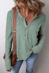 Smoke Green Acid Wash Waffle Knit Buttoned Neckline Long Sleeve Top Long Sleeve Tops JT's Designer Fashion