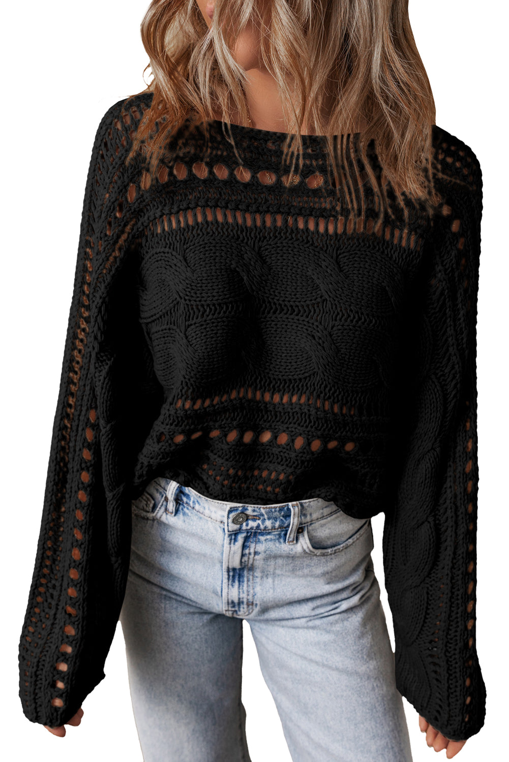 Black Hollow-out Cable Knit Cropped Sweater Sweaters JT's Designer Fashion