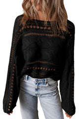 Black Hollow-out Cable Knit Cropped Sweater Sweaters JT's Designer Fashion