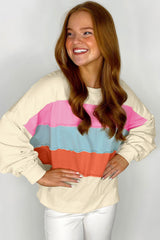 White Colorblock Patchwork Crewneck Drop Shoulder Sweatshirt Sweatshirts & Hoodies JT's Designer Fashion