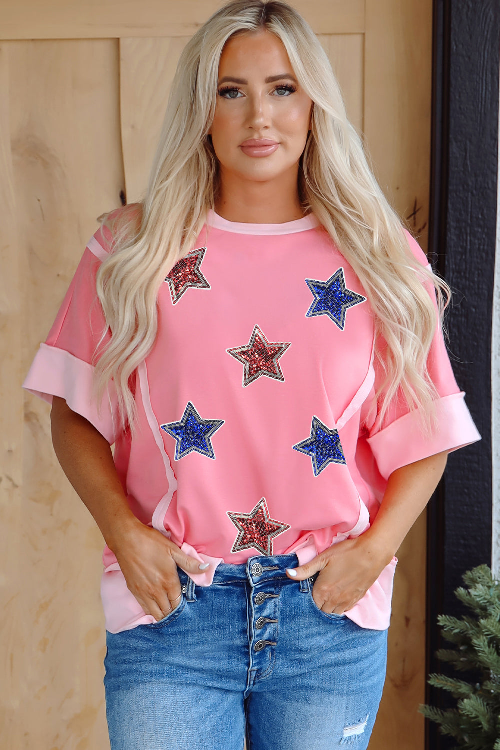 Peach Blossom Independence Day Sequin Star Graphic Contrast Patchwork Tee Graphic Tees JT's Designer Fashion