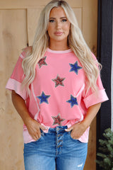 Peach Blossom Independence Day Sequin Star Graphic Contrast Patchwork Tee Graphic Tees JT's Designer Fashion