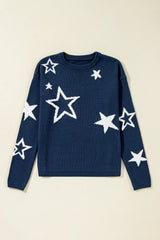 Sail Blue Star Pattern Drop Shoulder Knitted Sweater Sweaters JT's Designer Fashion