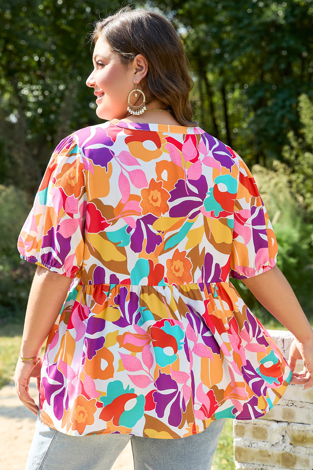 Pink Plus Size Floral Print V Neck Fit and Flare Blouse Plus Size Blouses & Shirts JT's Designer Fashion