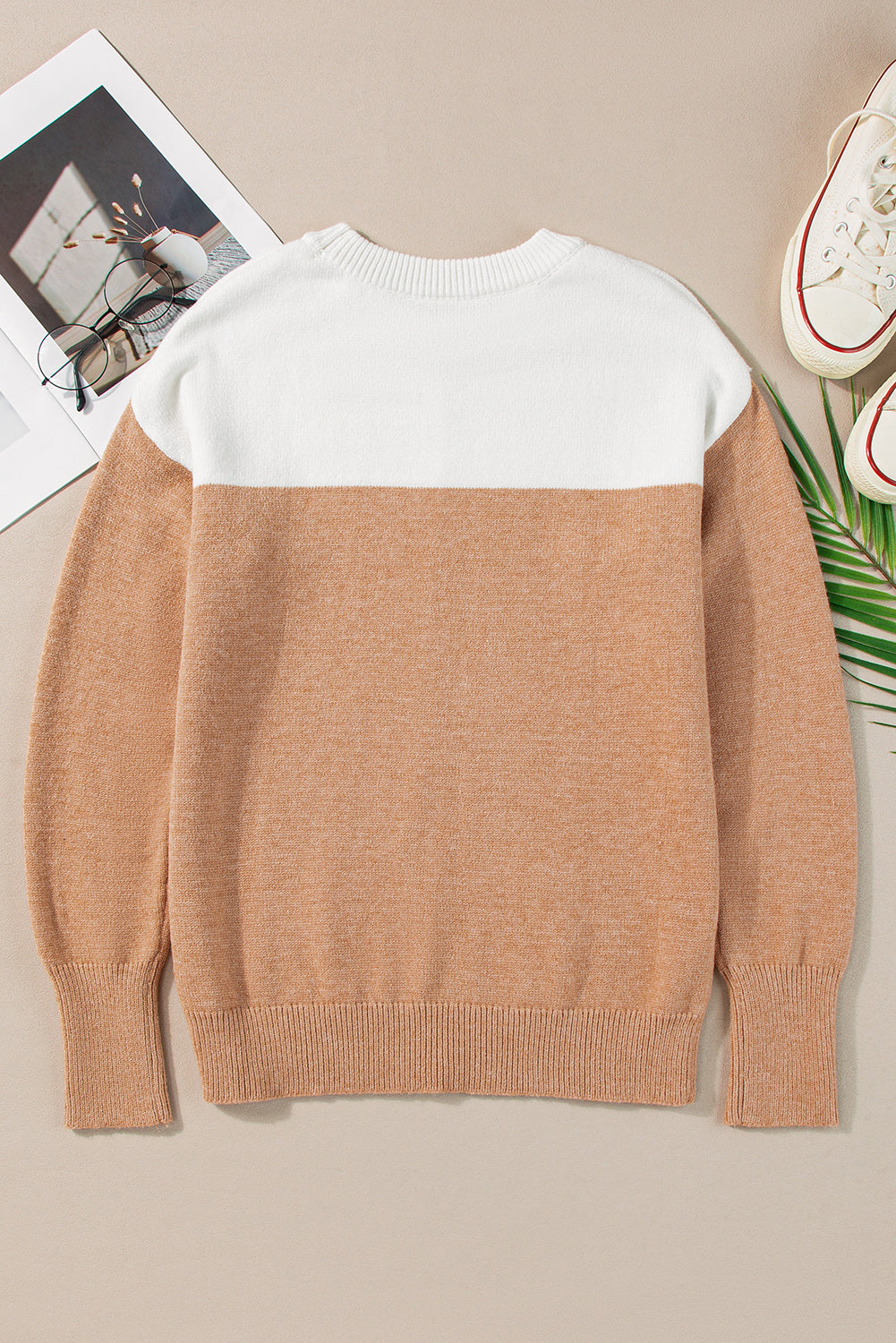 Straw Yellow Colorblock Ribbed Trim Round Neck Sweater Sweaters JT's Designer Fashion