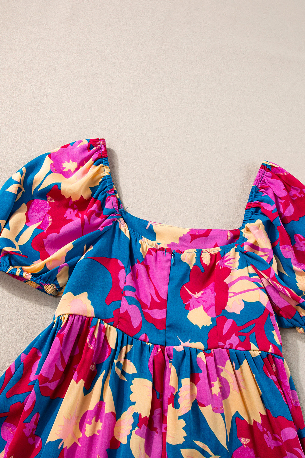 Dark Blue Square Neck Bubble Sleeve Ruffled Floral Dress Floral Dresses JT's Designer Fashion