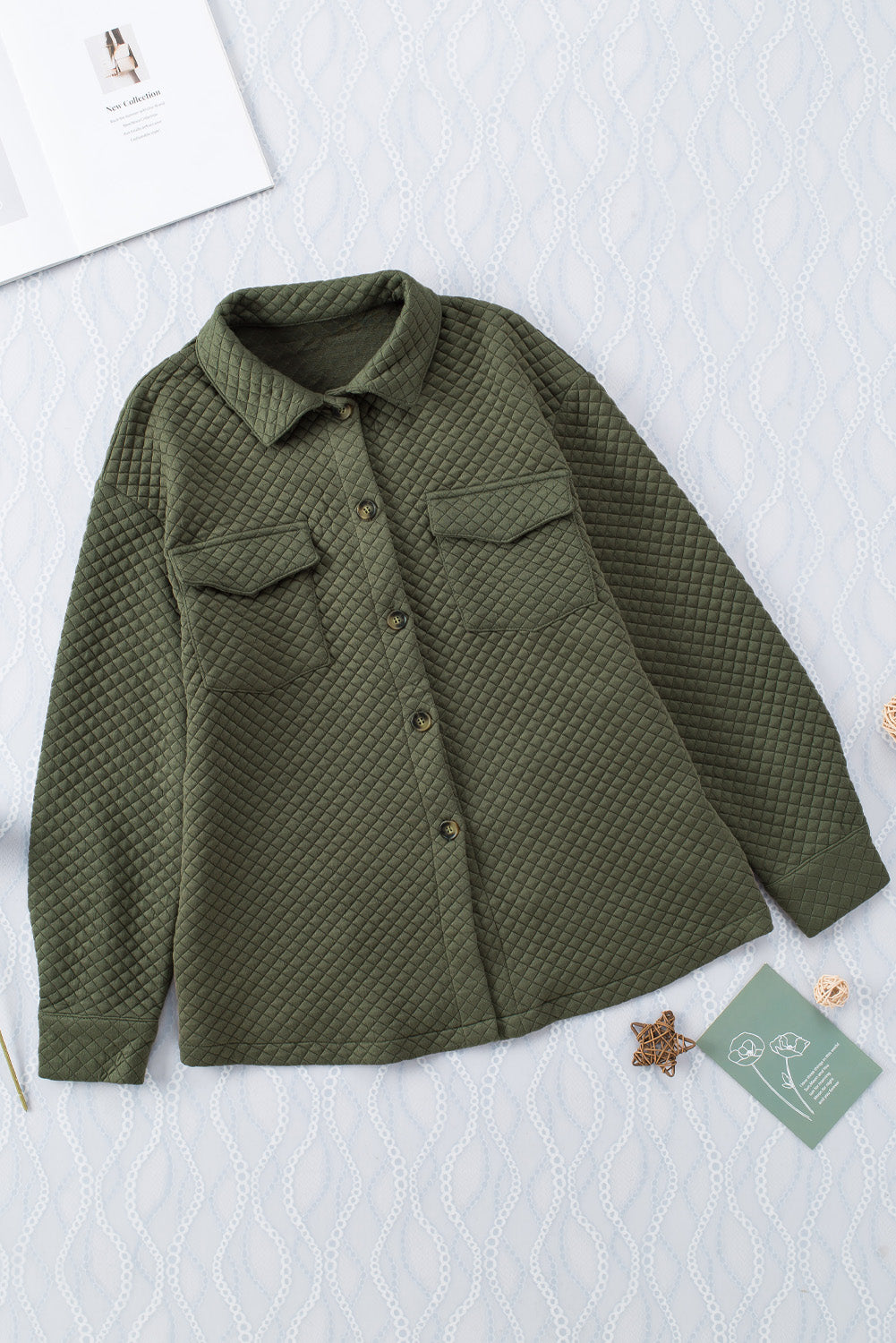 Green Retro Quilted Flap Pocket Button Shacket Jackets JT's Designer Fashion
