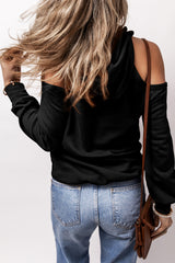 Black Exposed Seam Cold Shoulder Drawstring Hoodie Sweatshirts & Hoodies JT's Designer Fashion