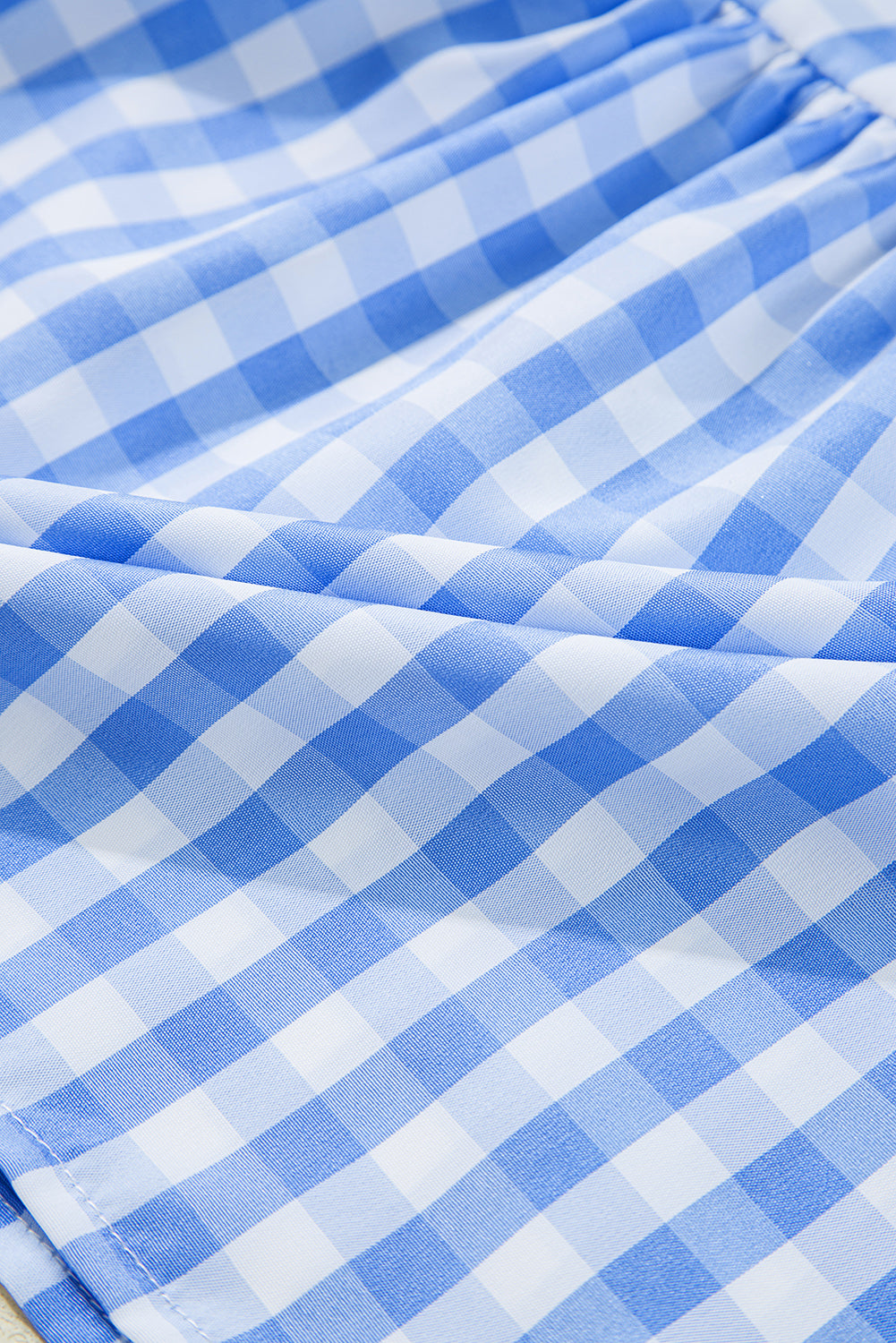 Sky Blue Gingham Short Sleeve Button Tie Split Neck Loose Mini Dress Mini Dresses JT's Designer Fashion