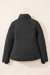 Black Solid Color Quilted Zip-up Puffer Jacket Jackets JT's Designer Fashion