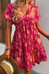Rose Floral Print Batwing Sleeve Smock Dress Floral Dresses JT's Designer Fashion