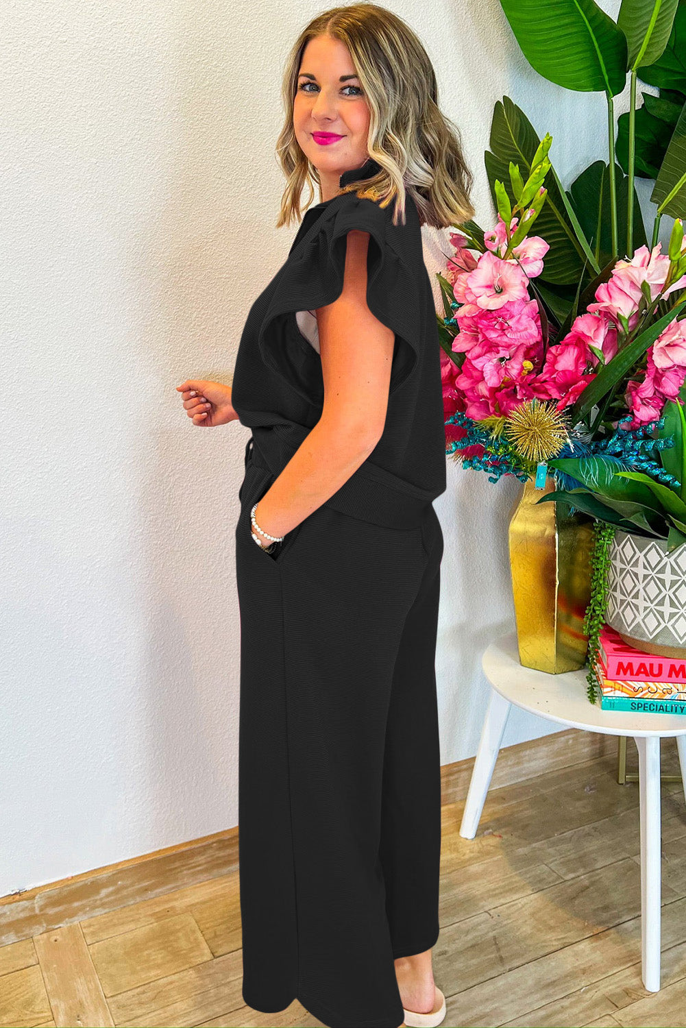 Black Textured Ruffled Sleeve Zipped Top and Wide Leg Pants Set Pant Sets JT's Designer Fashion