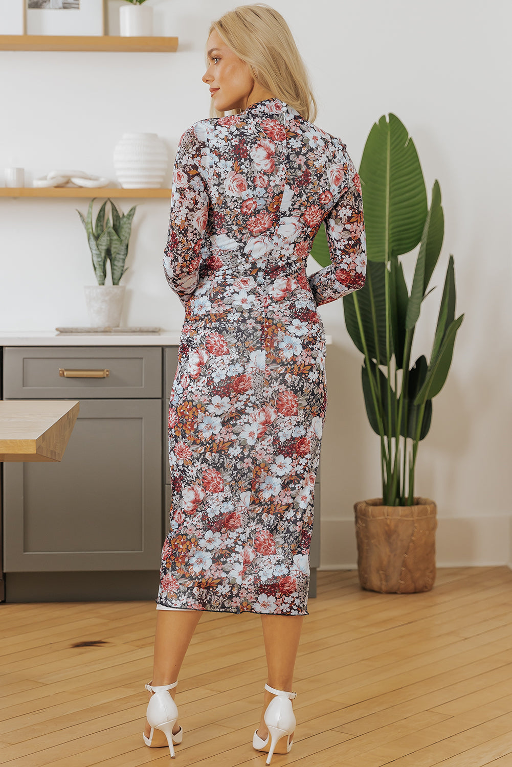 Brown Floral Allover Print Mock Neck Bodycon Long Sleeve Midi Dress Floral Dresses JT's Designer Fashion