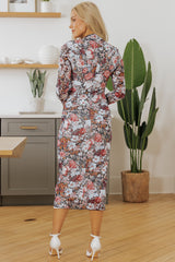 Brown Floral Allover Print Mock Neck Bodycon Long Sleeve Midi Dress Floral Dresses JT's Designer Fashion