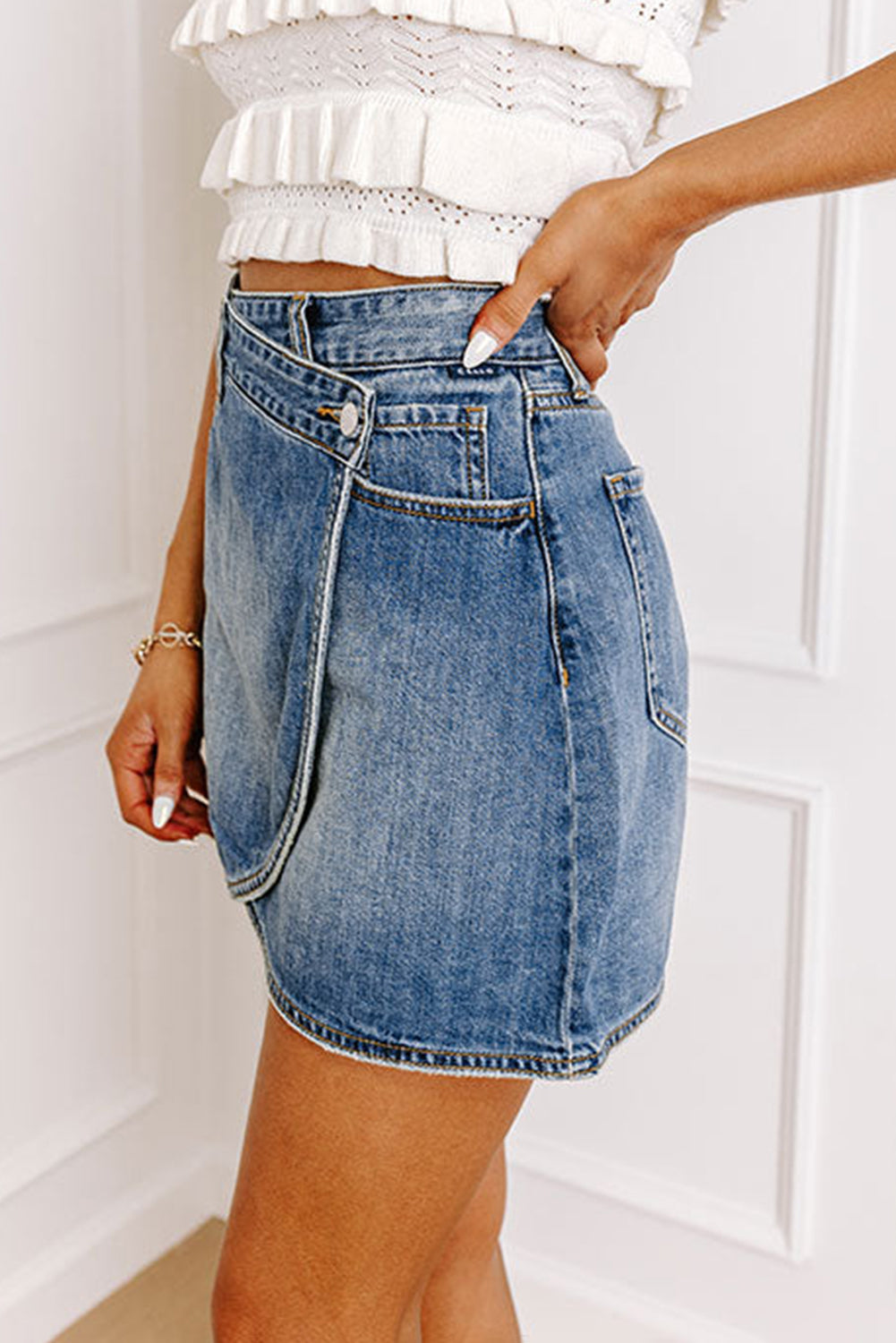 Ashleigh Blue Wrapped Crossed Waist Denim Mini Skirt Bottoms JT's Designer Fashion