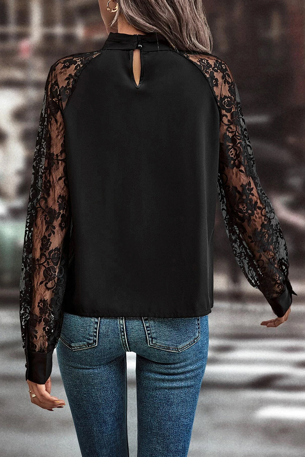 Black Keyhole Neckline Floral Lace Raglan Sleeve Blouse Blouses & Shirts JT's Designer Fashion