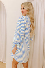 Sky Blue Stripe Knotted Bracelet Sleeve Notched Neck Shift Mini Dress Mini Dresses JT's Designer Fashion
