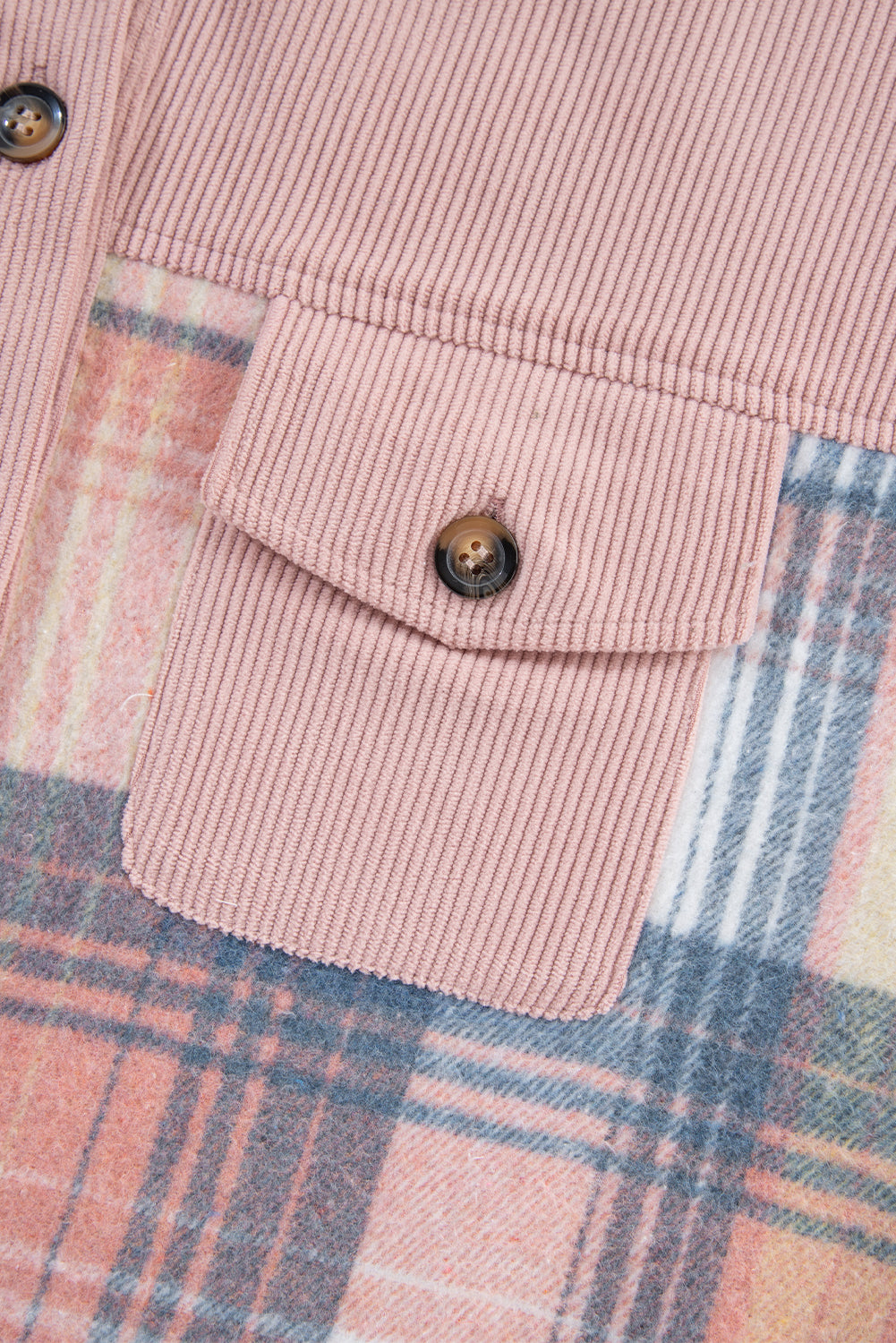 Light Pink Plaid Corduroy Patchwork Chest Pocket Shacket Plaid Shackets JT's Designer Fashion