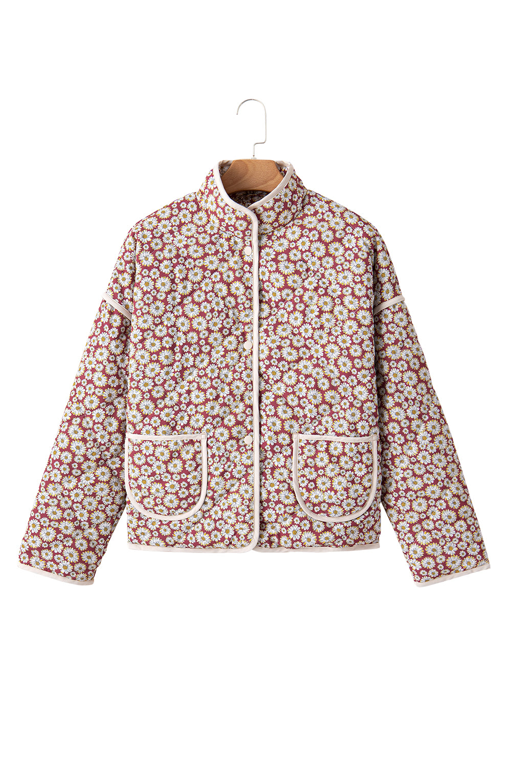 Pink Floral Print Contrast Edge Pocketed Stand Neck Jacket Jackets JT's Designer Fashion