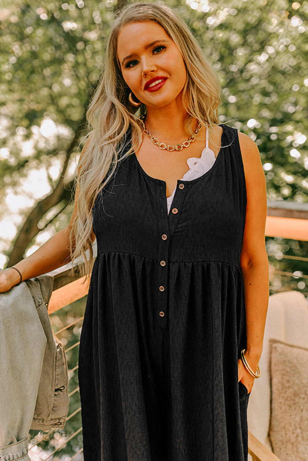 Black Plus Size Sleeveless Button Front Loose Jumpsuit Plus Size Bottoms JT's Designer Fashion