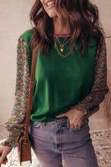 Blackish Green Floral Patchwork Shirred Cuff Puff Sleeve Sweater Blackish Green 52%Viscose+26%Polyester+22%Polyamide Sweaters JT's Designer Fashion