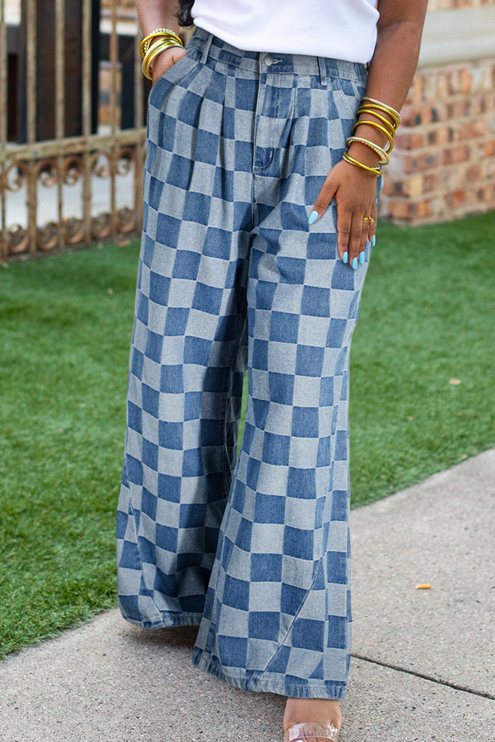 Dusk Blue Plus Size Checkered Seamed High Waist Wide Leg Jeans Dusk Blue 50%Polyester+50%Cotton Plus Size Bottoms JT's Designer Fashion