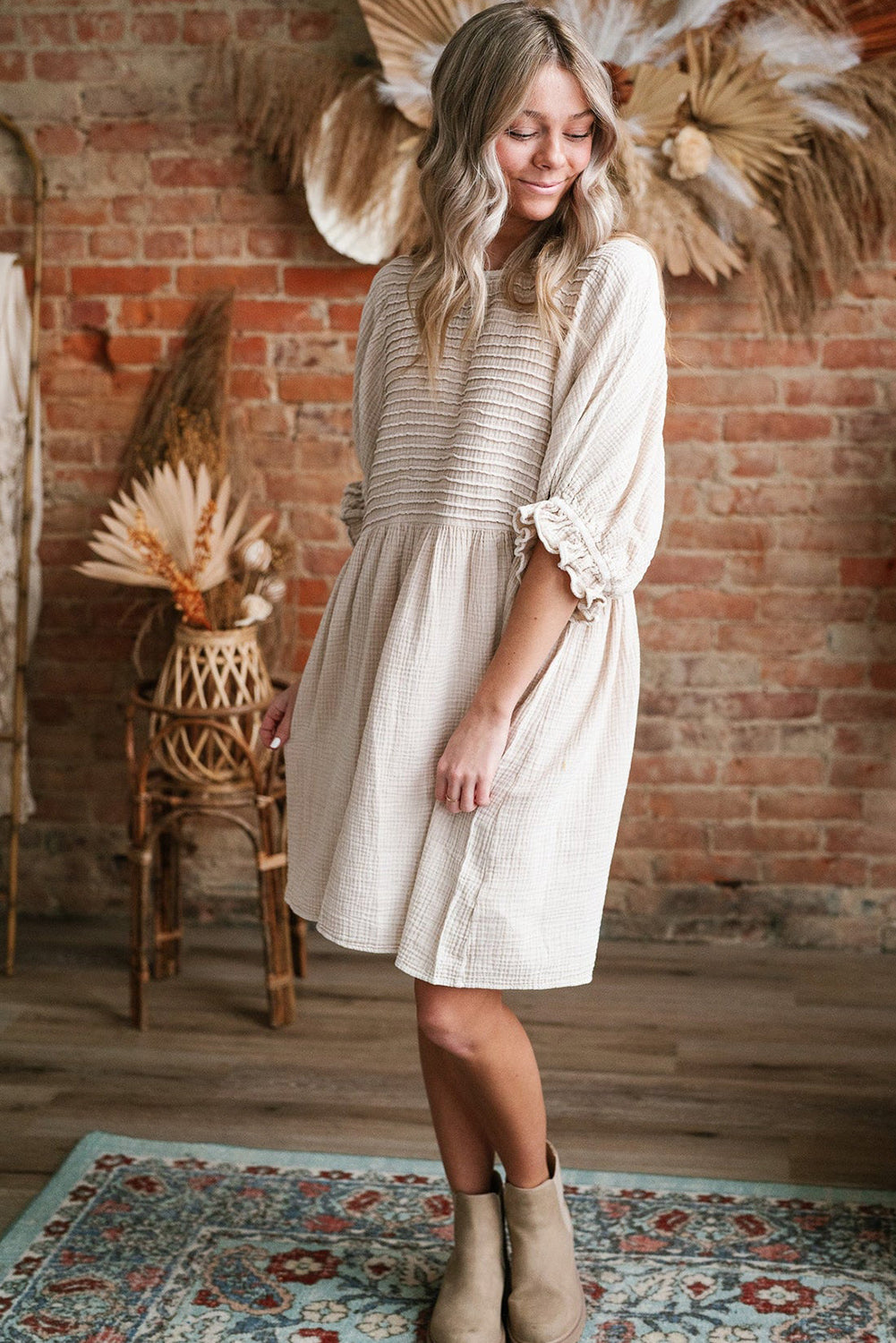 White Textured Ruffled Puff Sleeve Loose Dress Mini Dresses JT's Designer Fashion