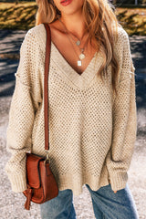 Parchment Loose Eyelet V Neck Drop Shoulder Sweater Parchment 50%Regenerated Polyester+27%Acrylic+15%Polyamide+6%Wool+2%Elastane Sweaters JT's Designer Fashion