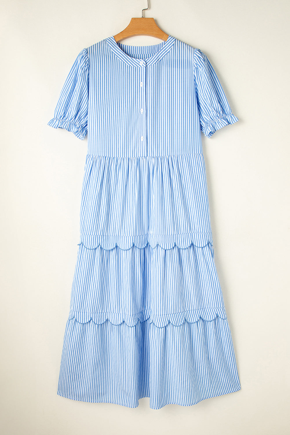 Sky Blue Stripe Bubble Short Sleeve Tiered Scallop Long Dress Maxi Dresses JT's Designer Fashion