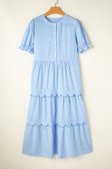 Sky Blue Stripe Bubble Short Sleeve Tiered Scallop Long Dress Maxi Dresses JT's Designer Fashion