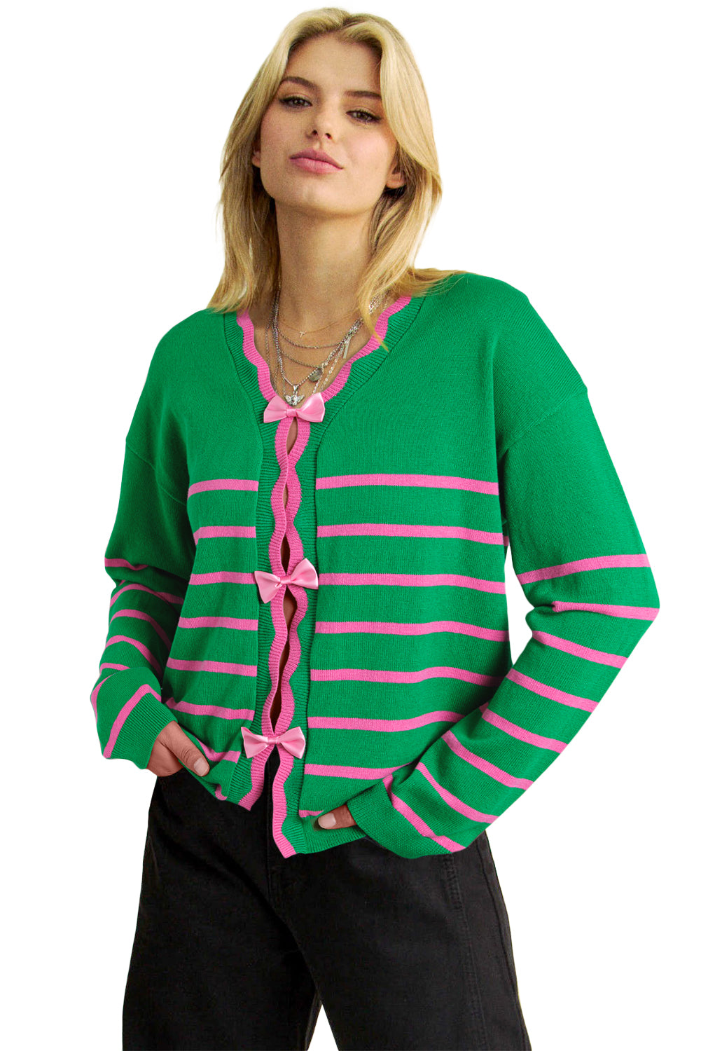 Green Stripe Ribbon Cute Bow Detail Sweater Knit Cardigan Cardigans JT's Designer Fashion
