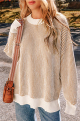Chestnut Striped Textured Knit Contrast Edge Loose Sweater Sweaters JT's Designer Fashion