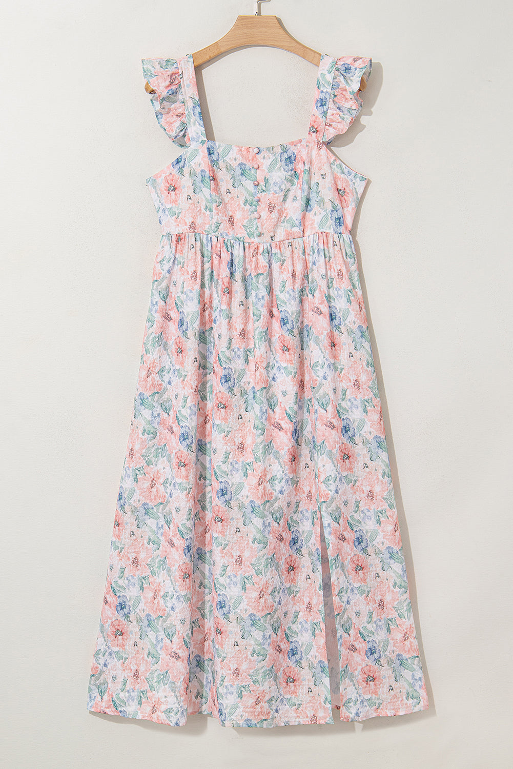 Pink Floral Print Square Neck Backless Long Dress with Slit Maxi Dresses JT's Designer Fashion
