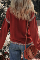 Red Dahlia Color Contrast Trim Drop Shoulder Crew Neck Sweater Sweaters JT's Designer Fashion