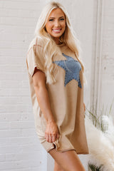 Pale Khaki Mineral Wash Stud Beaded Star Graphic Pocketed T Shirt Dress T Shirt Dresses JT's Designer Fashion