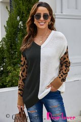 Leopard Print Contrast Color V Neck Sweater Sweaters & Cardigans JT's Designer Fashion