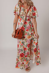 Multicolour Vintage Floral V Neck Short Sleeve Tie Back Long Slit Dress Floral Dresses JT's Designer Fashion