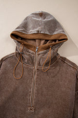 Chestnut Half Zipper Kangaroo Pocket Drawstring Corduroy Hoodie Sweatshirts & Hoodies JT's Designer Fashion