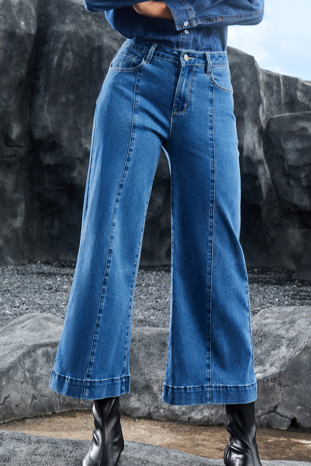 Dark Blue Plain Seam Detail Flared Bottom Ankle Length Jeans Jeans JT's Designer Fashion