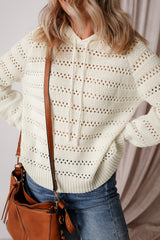 White Pointelle Knit Raglan Sleeve Hooded Sweater Sweaters JT's Designer Fashion
