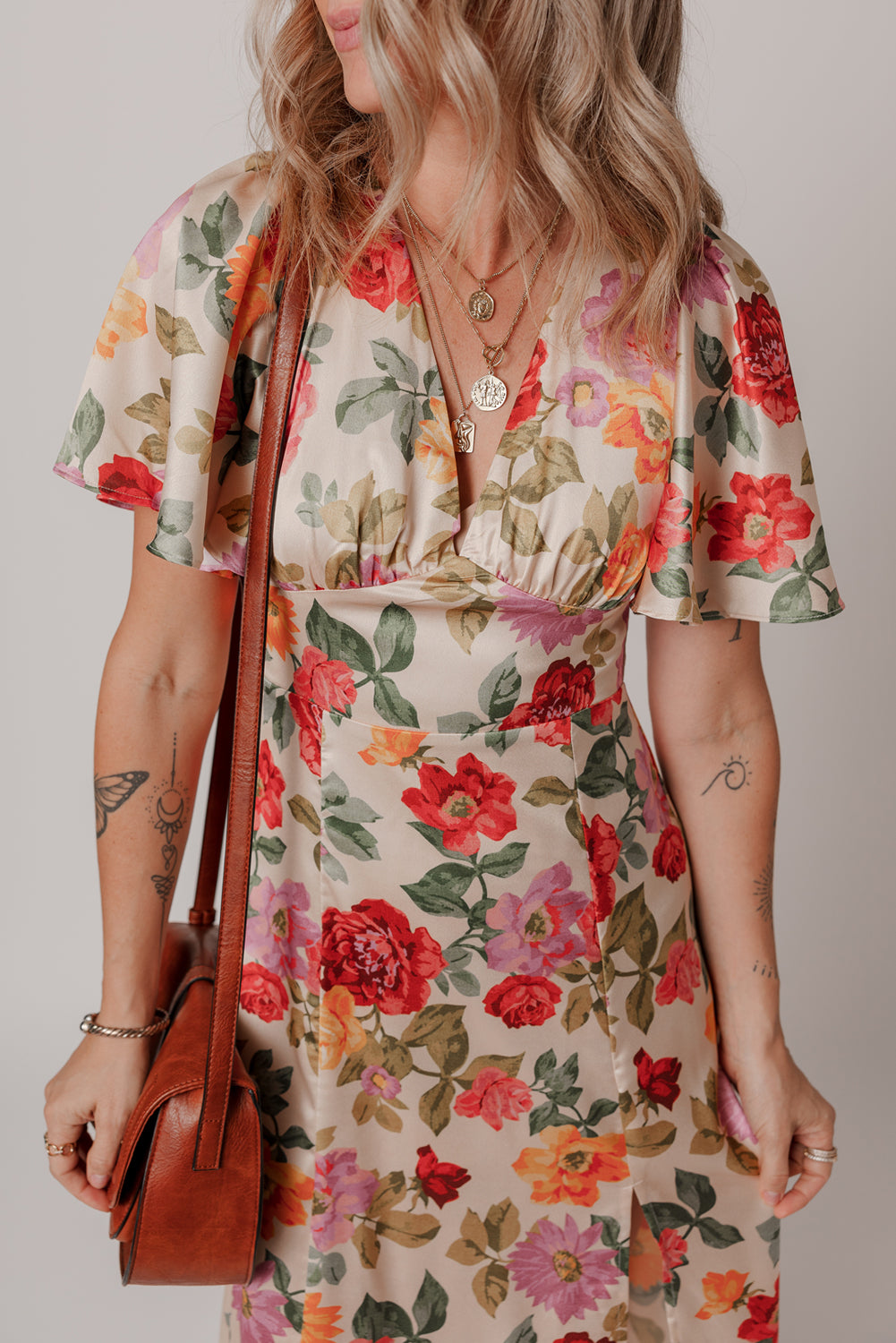 Multicolour Vintage Floral V Neck Short Sleeve Tie Back Long Slit Dress Floral Dresses JT's Designer Fashion