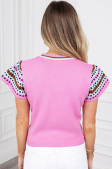 Bright Pink Colorblock Printed Crewneck Short Sleeve Sweater Sweaters & Cardigans JT's Designer Fashion