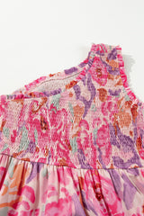 Pink Abstract Floral Print Shirred One Shoulder Maxi Dress Floral Dresses JT's Designer Fashion