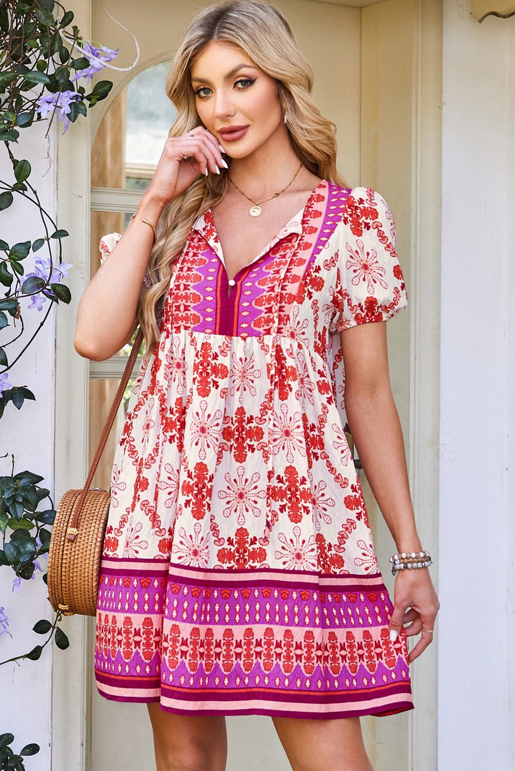 Rose Boho Floral Short Sleeve Lace-up V Neck Mini Dress Dresses JT's Designer Fashion