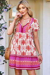 Rose Boho Floral Short Sleeve Lace-up V Neck Mini Dress Dresses JT's Designer Fashion