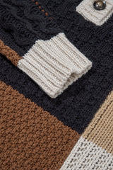Multicolour Color Block Cable Knit Sleeve Buttons Collared Sweater Sweaters JT's Designer Fashion