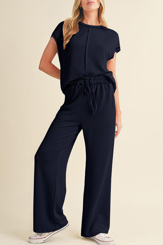 Navy Blue Solid Color Corded Short Sleeve Top and Casual Pants Set Pant Sets JT's Designer Fashion