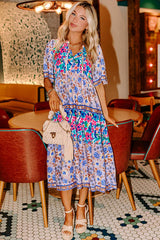 Sky Blue Mixed Floral Print Tie Split Neck Short Sleeve Dress Floral Dresses JT's Designer Fashion
